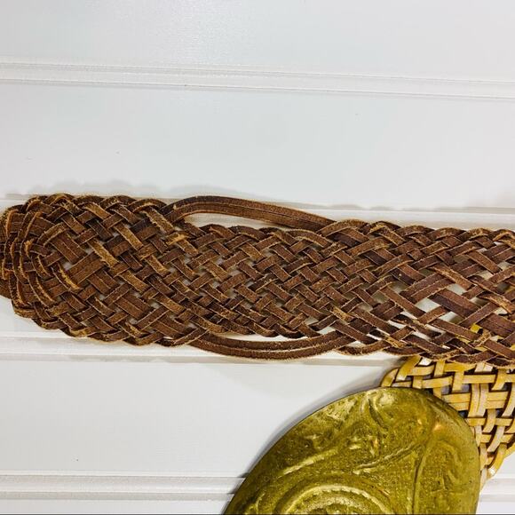 Vintage Gold Leather Wide Woven Belt Gold Buckle M/L - Picture 5 of 6